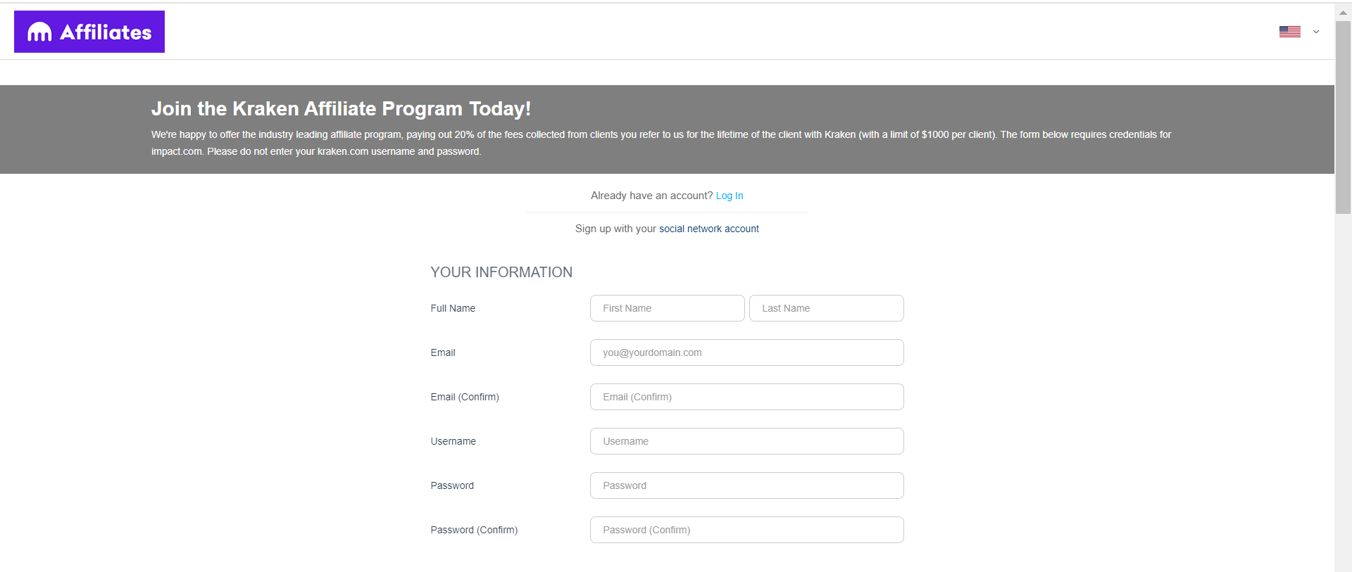 kraken affiliate signup form
